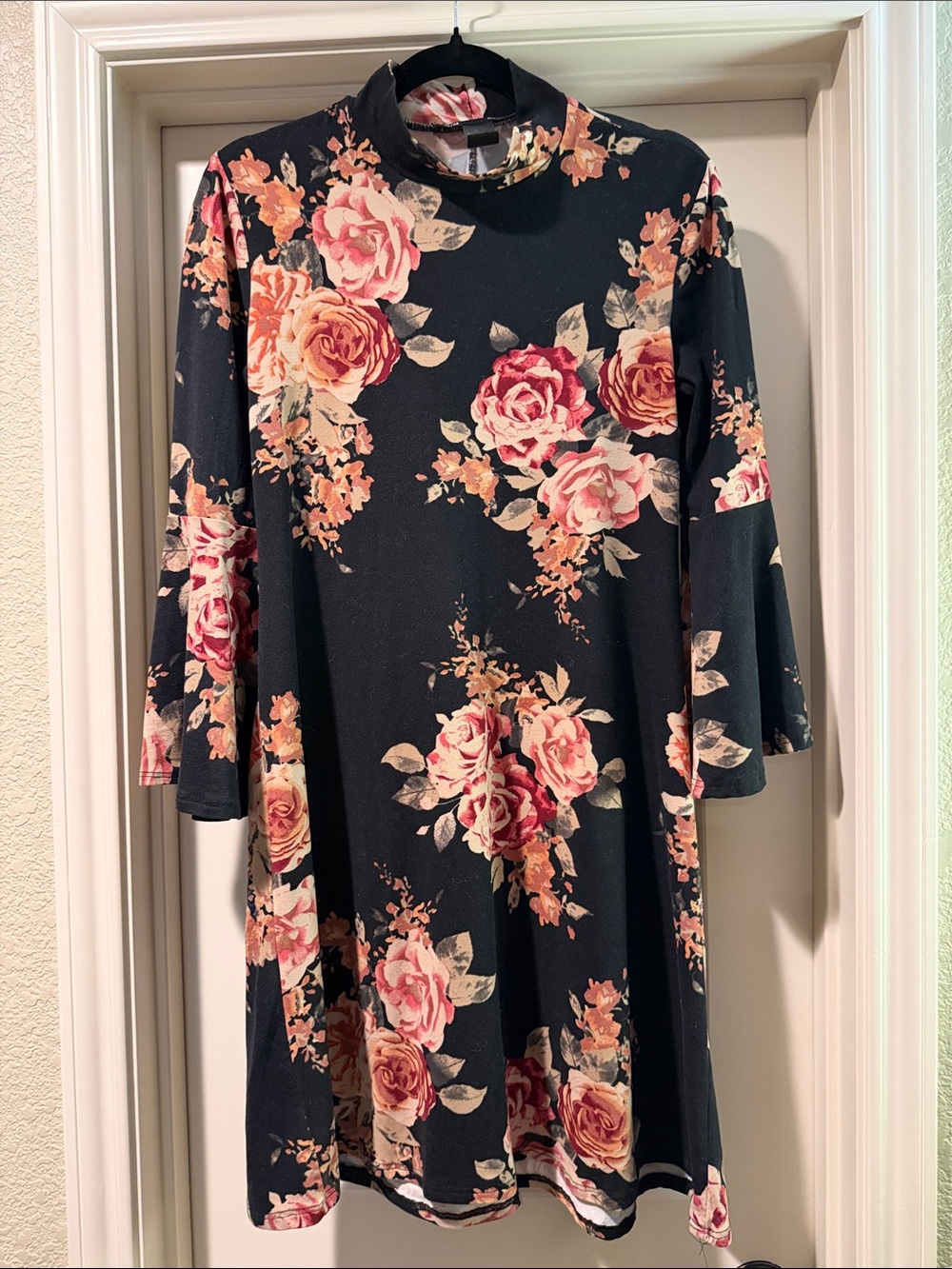 Rebel Sugar Black Floral Bell Sleeve Mock Neck Dress with Stretch - Size M